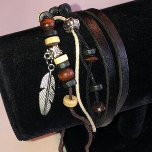Multi-Strand Black & Brown Faux Leather Bracelet with Feather Charm